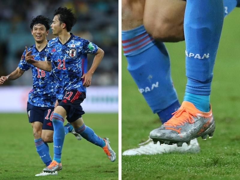 Tuyển thủ người Nhật Kaoru Mitoma mang giày đá bóng Puma Ultra Instinct 1.4 “Diamond Silver / Neon Citrus”.